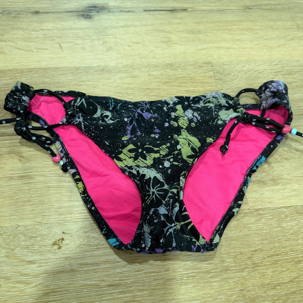 Arizona Jean Co Bikini Bottoms Medium Splatter Floral Side Tie Neon Pink Black
